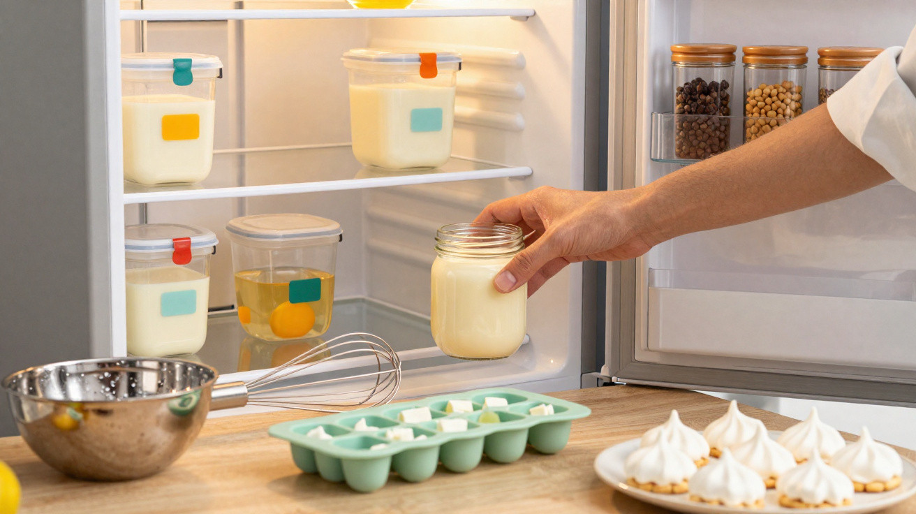 Pessoa a guardar frasco com creme no frigorífico, ao lado de tigela, batedor e sobremesas numa bancada de cozinha.