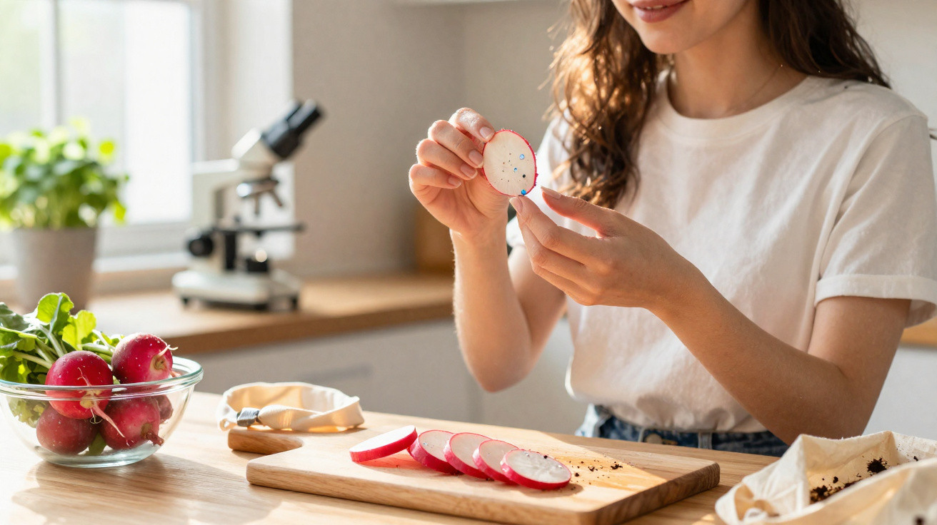 Mulher a preparar fatias de rabanete com sal e pimenta numa cozinha iluminada.