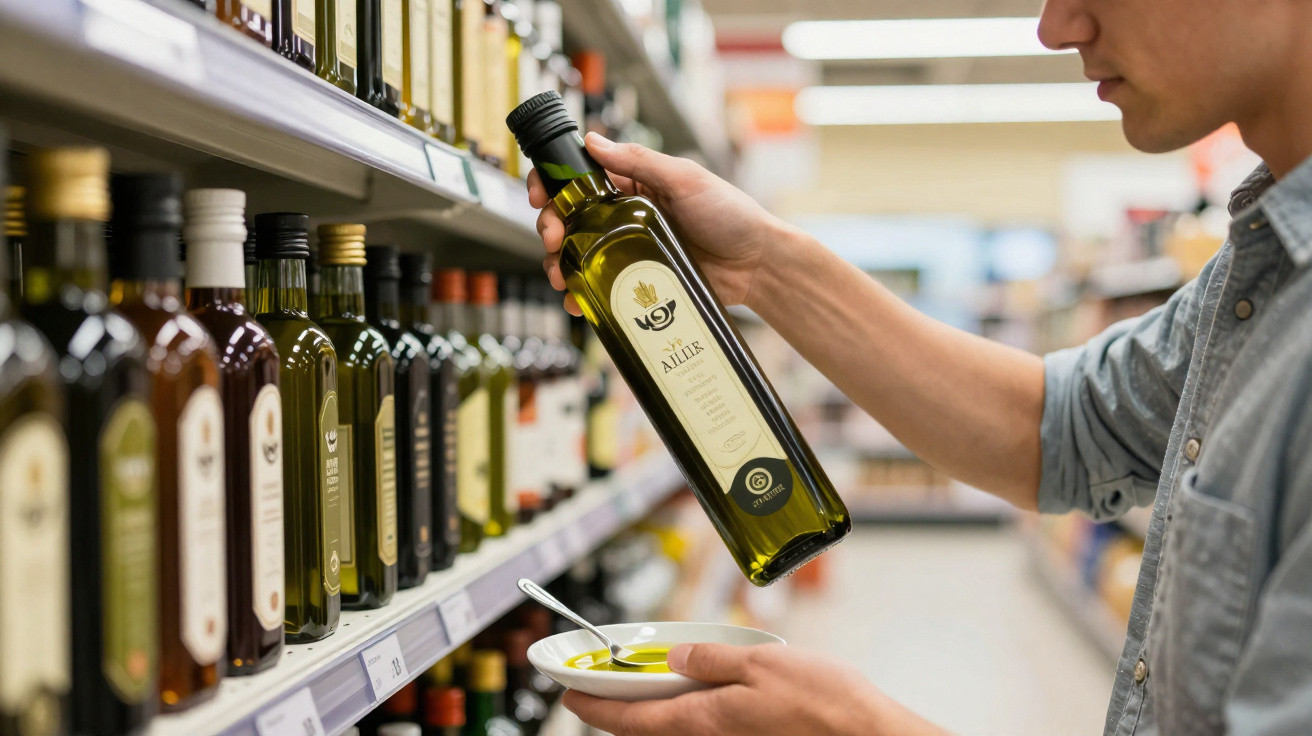 Pessoa a provar azeite de diferentes marcas numa garrafa e prato num supermercado.