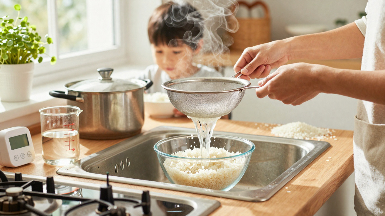 Pessoa a lavar arroz numa tigela sobre a pia, com criança ao fundo numa cozinha iluminada.