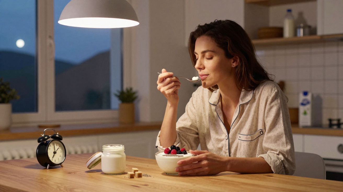 Mulher de pijama a saborear iogurte com frutos vermelhos numa cozinha ao anoitecer.