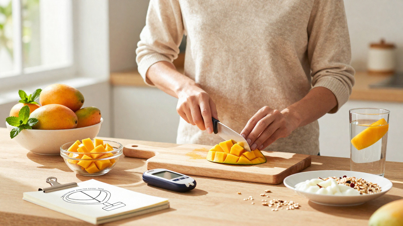 Pessoa a cortar manga em cubos numa tábua com frutas, copo de água e medidor de glicose numa cozinha iluminada.