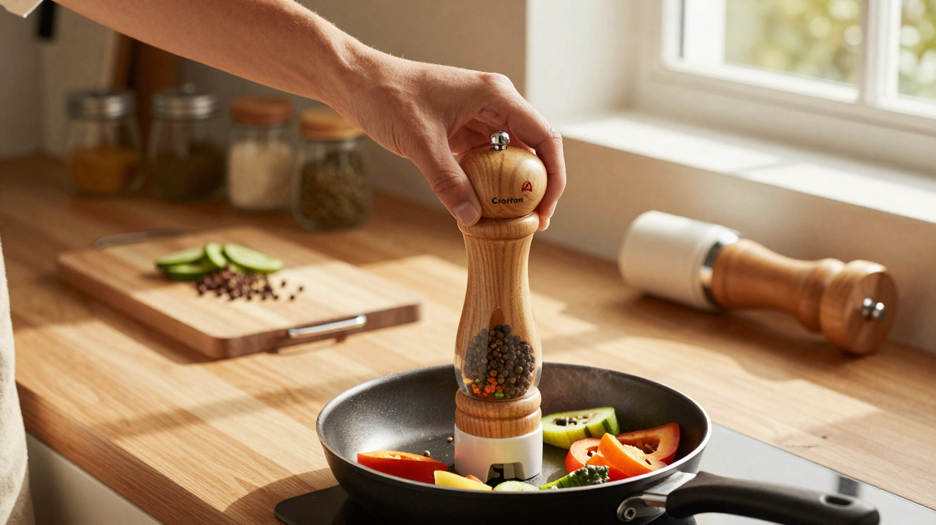 Mão moendo pimenta numa frigideira com legumes numa cozinha iluminada e organizada.
