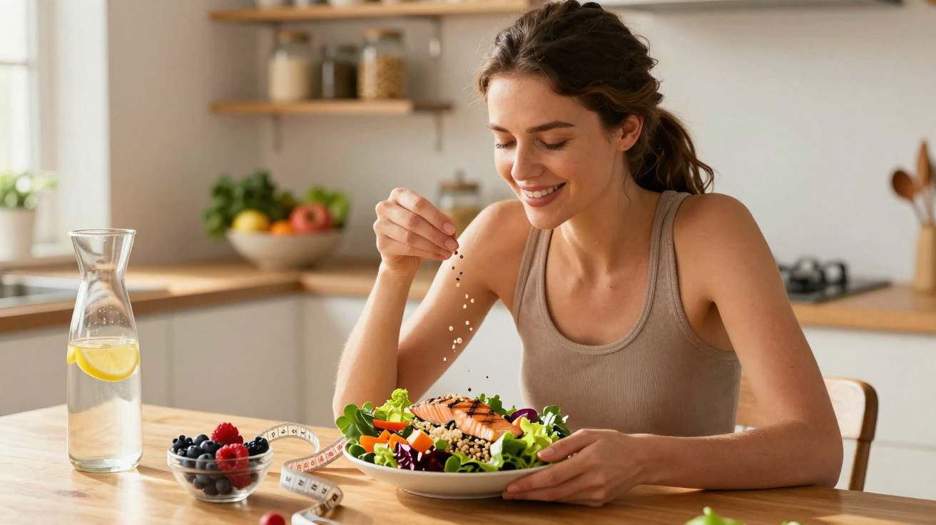 Mulher sorridente a temperar salada com salmão grelhado numa cozinha luminosa e moderna.
