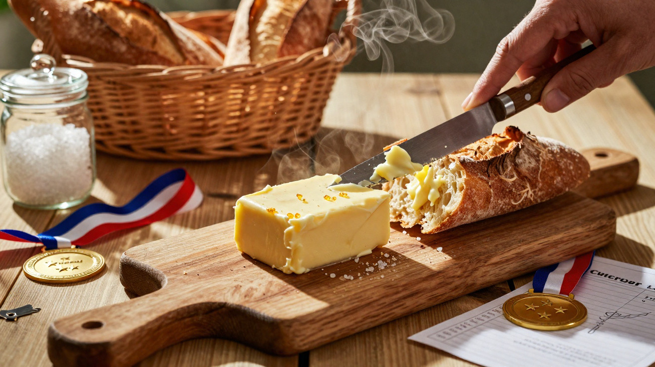 Pão fresco a ser barrado com manteiga quente em tábua de madeira, com medalhas e sal à volta.
