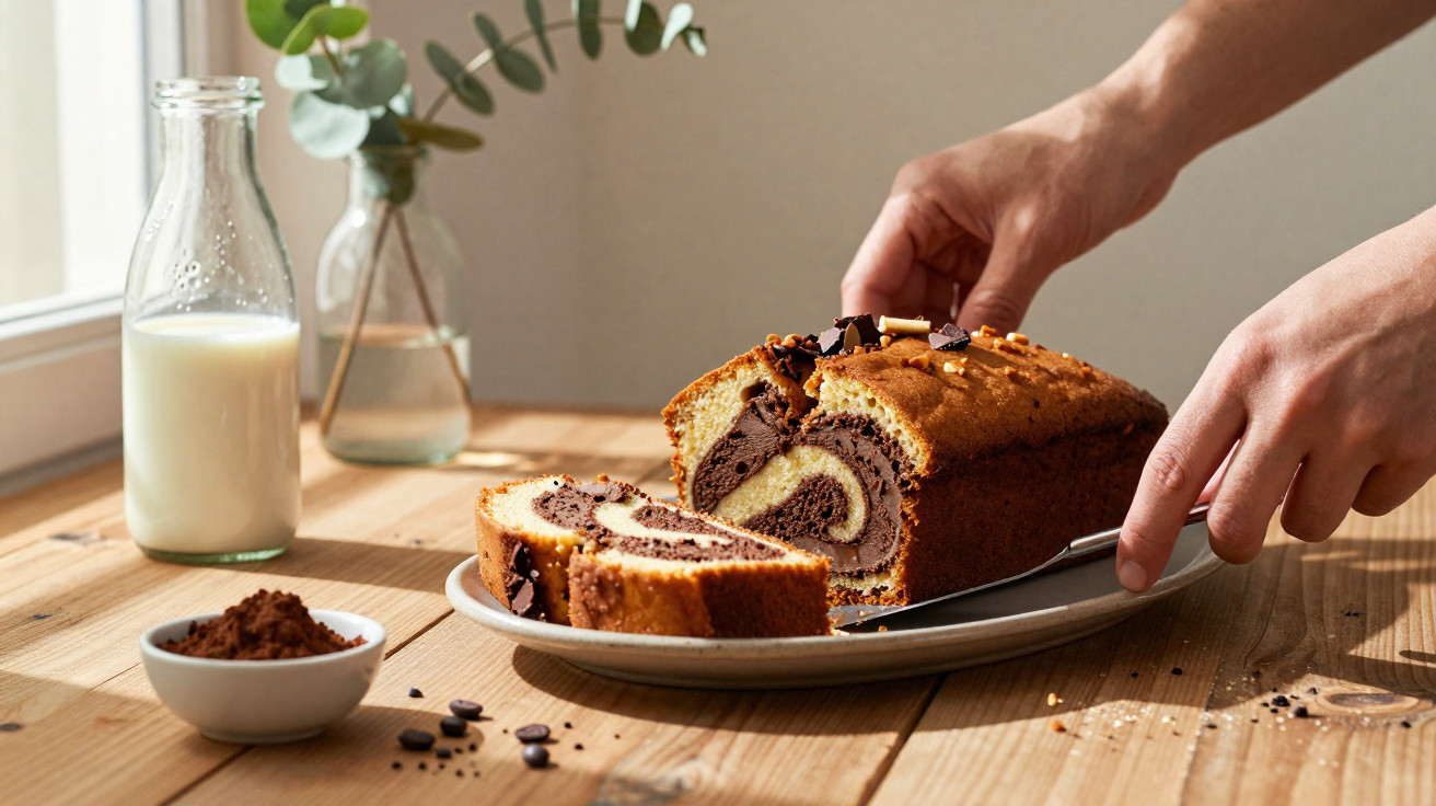 Pessoa a cortar bolo marmoreado com chocolate num prato, leite e cacau numa mesa de madeira.