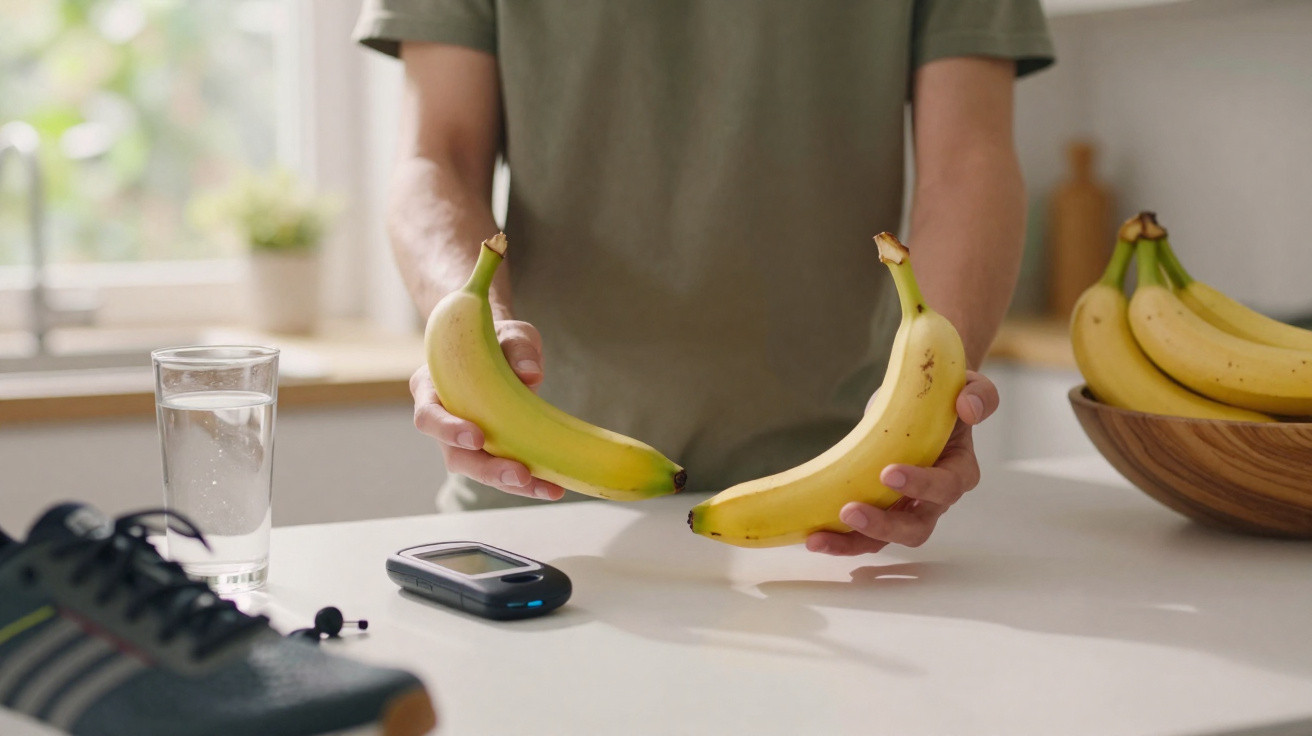 Pessoa segurando duas bananas amarelas, com monitor de glicemia, copo de água e ténis numa mesa branca.