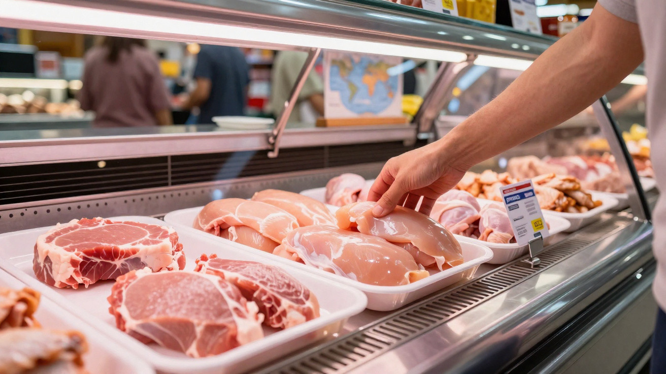 Pessoa a escolher pedaço de carne de frango numa montra refrigerada de supermercado.