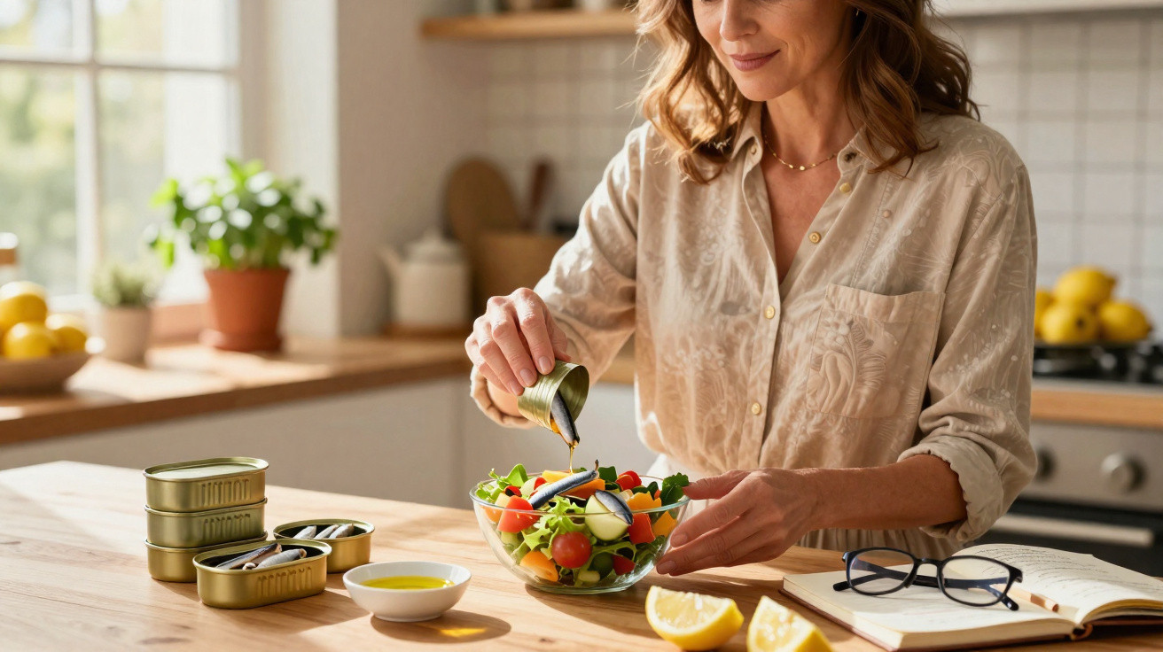 Mulher a temperar salada com azeite numa cozinha luminosa e organizada.