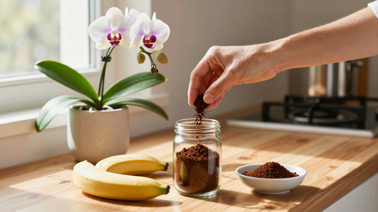 Mão a colocar café moído em frasco de vidro, com orquídea e duas bananas numa bancada de cozinha.