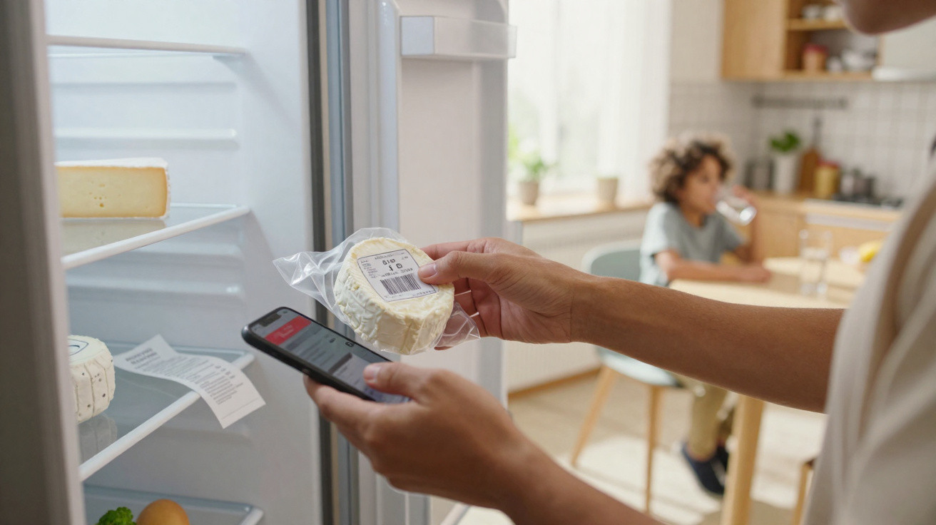 Pessoa a usar telemóvel para verificar informação de queijo tirado do frigorífico, criança ao fundo na cozinha.