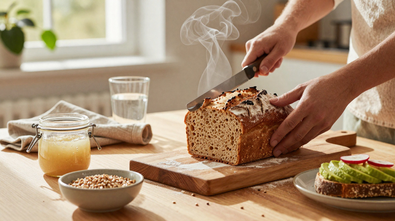 Pessoa a cortar pão quente num tabuleiro de madeira numa mesa com geléia, água e uma fatia com abacate.