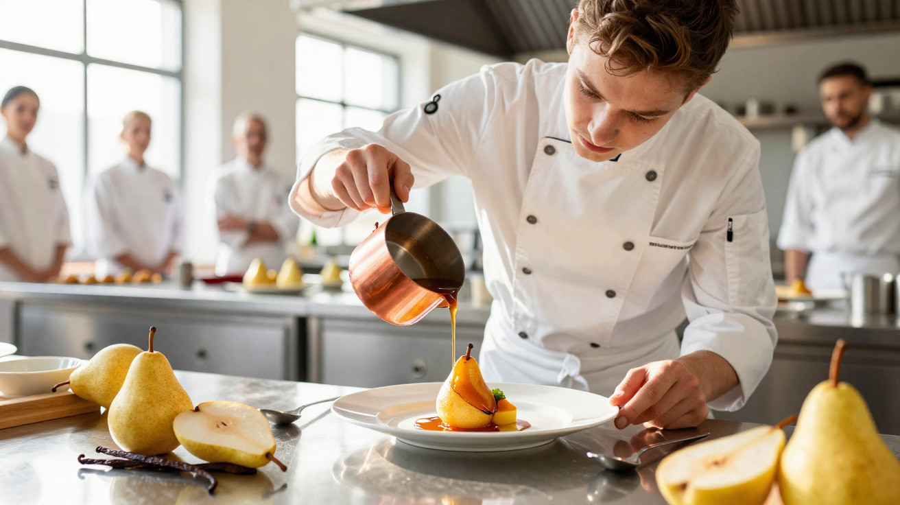 Chef a decorar sobremesa com pêra e molho laranja numa cozinha profissional com colegas ao fundo.