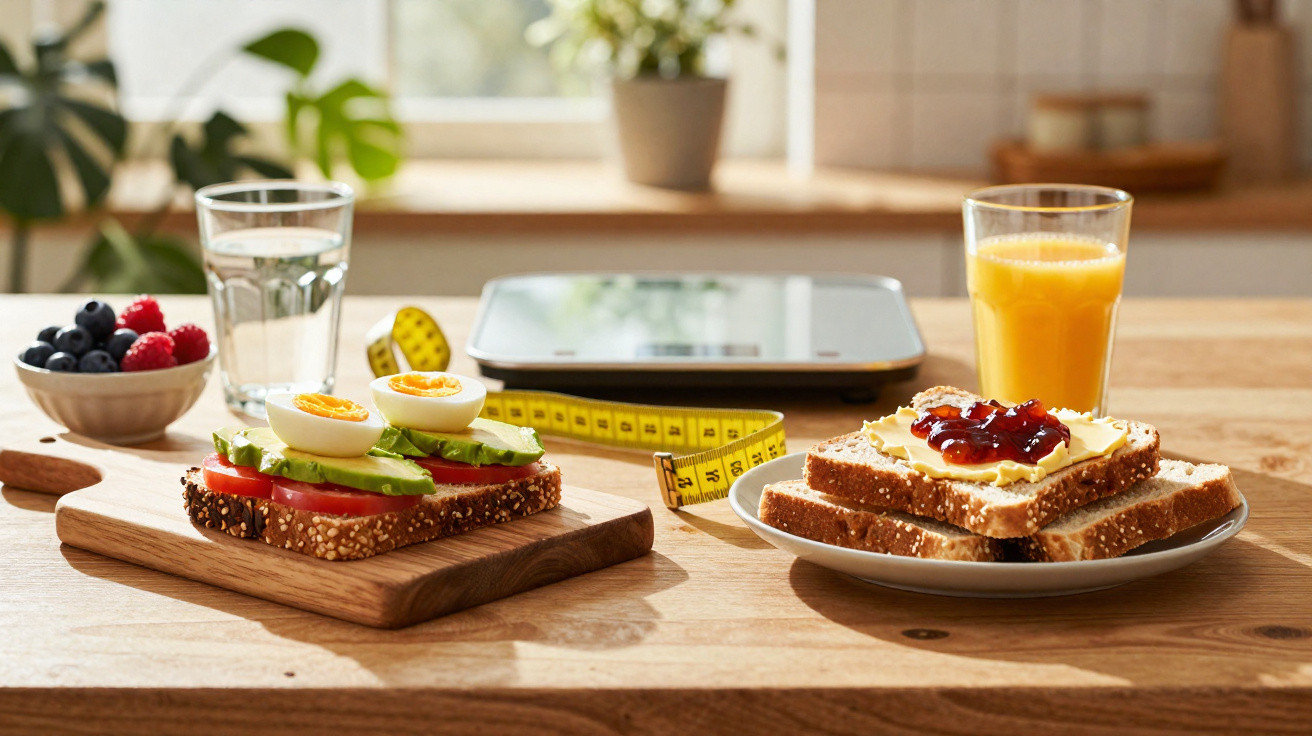 Mesa de madeira com torradas com abacate e ovo, suma de laranja, frutas, água e fita métrica.