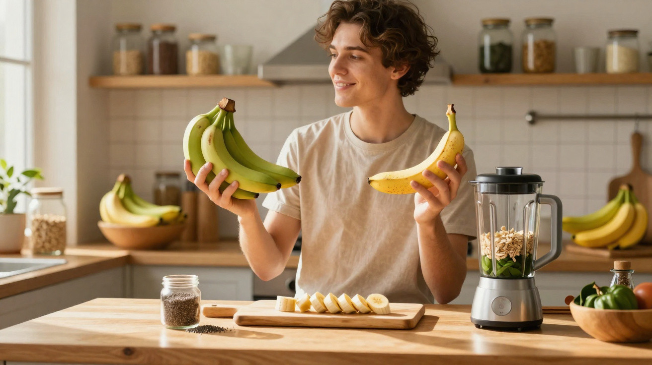 Jovem numa cozinha moderna a segurar bananas maduras e verdes, com bandeja de banana cortada e liquidificador.