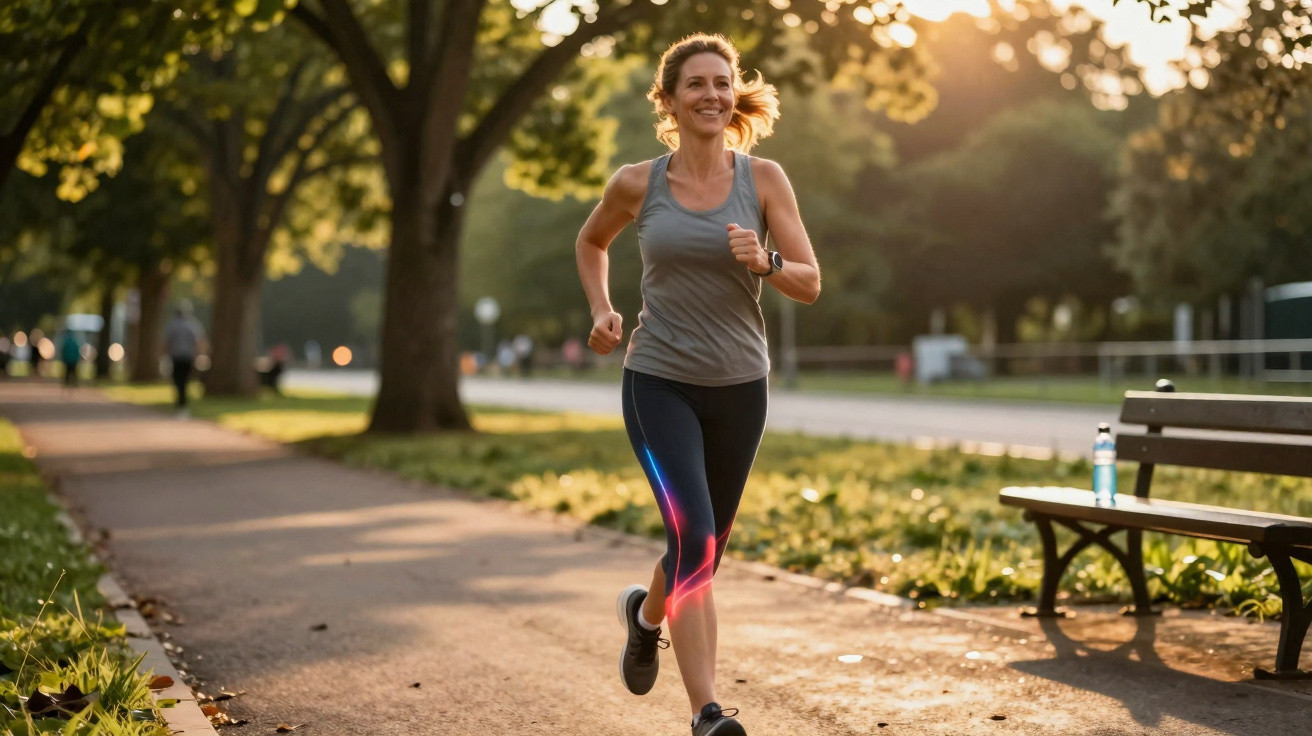 Mulher a correr num parque ao entardecer, com árvores e banco ao fundo.