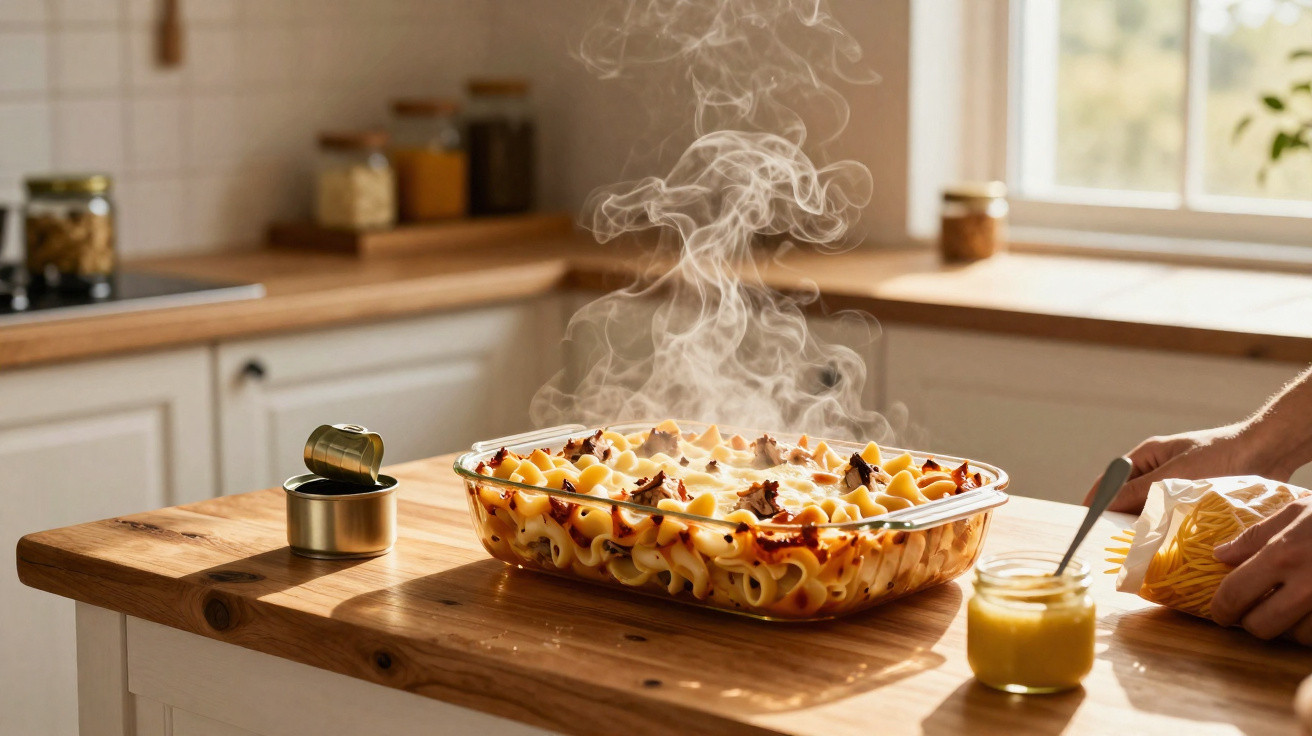 Massa fresca num tabuleiro de vidro a fumegar numa cozinha iluminada, com frascos e utensílios ao fundo.