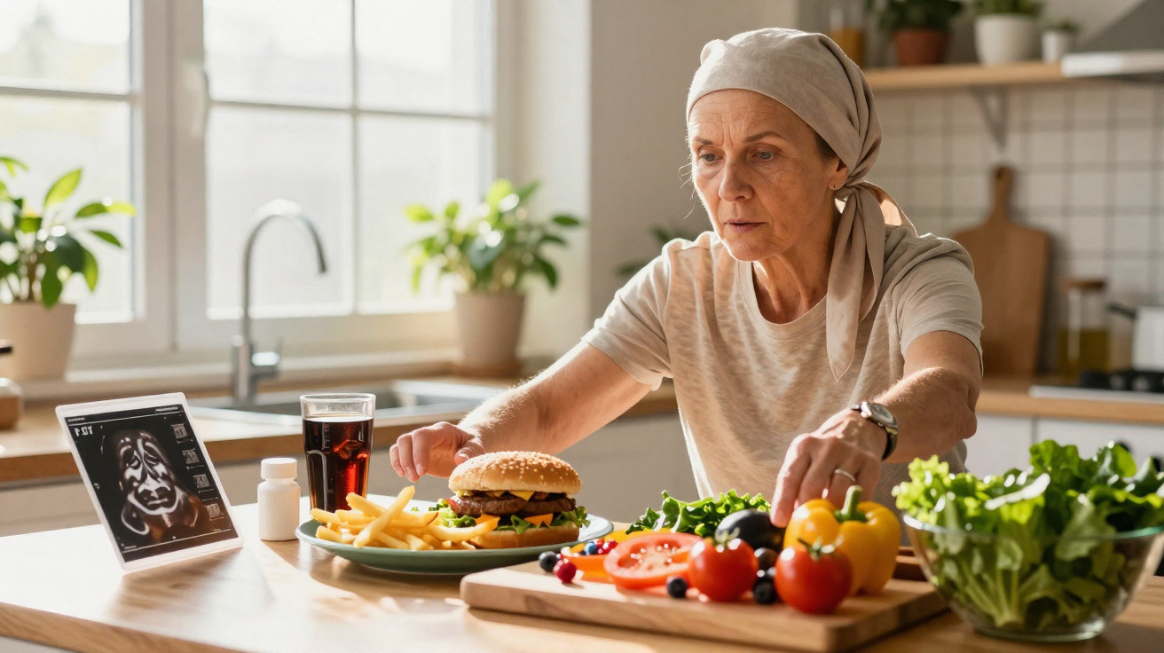 Mulher preocupada numa cozinha, com comida rápida e vegetais à frente, ao lado de um exame médico num tablet.