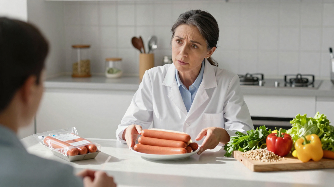 Nutricionista em bata branca a explicar sobre salsichas numa cozinha com legumes frescos à frente.