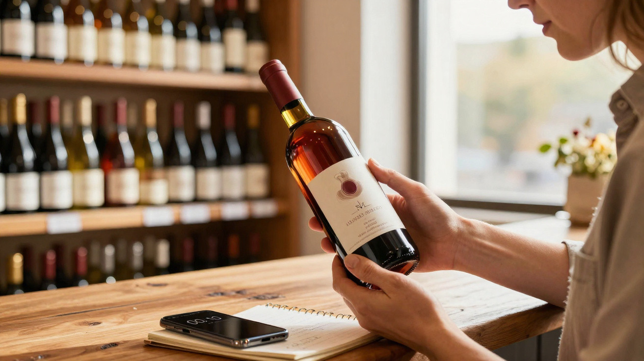 Pessoa a segurar uma garrafa de vinho tinto junto a um balcão de madeira com telemóvel e caderno.