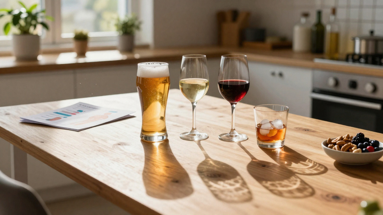 Mesa de cozinha com copo de cerveja, taças de vinho branco e tinto, copo com bebida e frutos secos com frutos vermelhos.