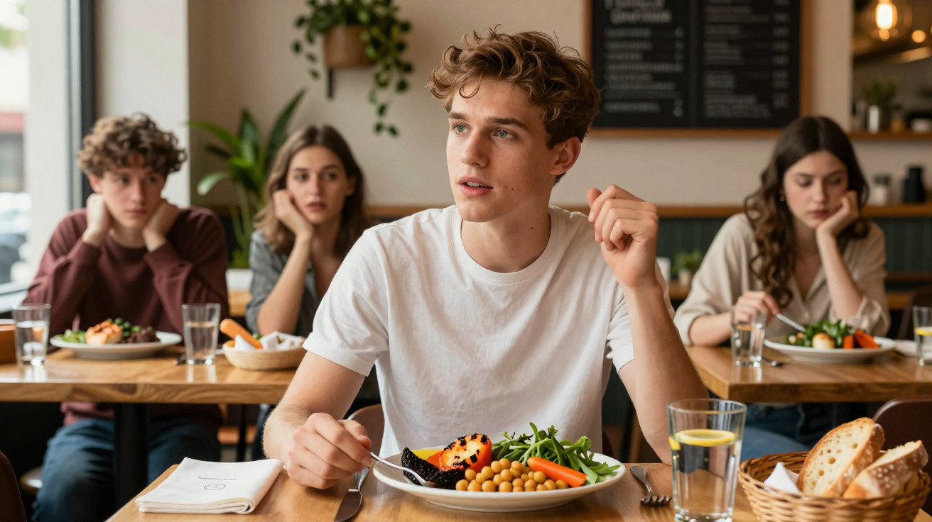 Jovem a olhar para o lado enquanto almoça com três pessoas ao fundo num restaurante.
