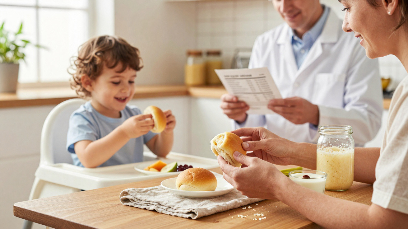 Criança e adultos sentados à mesa a comer pão e frutas numa cozinha iluminada e acolhedora.