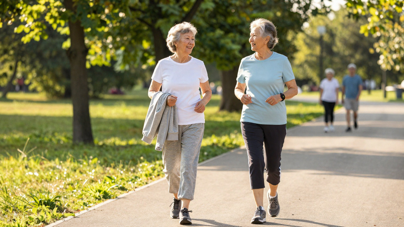 Duas mulheres séniores a caminhar e conversar num parque ensolarado com árvores e outras pessoas ao fundo.