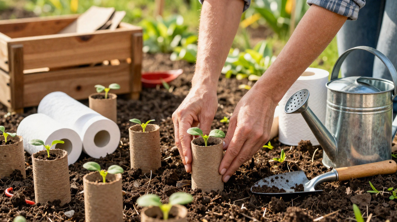Mãos a plantar mudas em tubos biodegradáveis no solo, com regador, pá e caixa de madeira ao fundo.