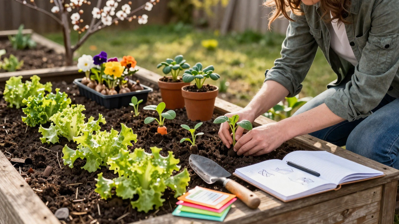 Pessoa a plantar vegetais num canteiro elevado com registos e ferramentas de jardinagem ao lado.