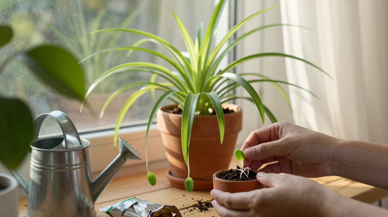 Pessoa a transplantar uma pequena planta num vaso, ao lado de uma planta maior e um regador junto a uma janela.