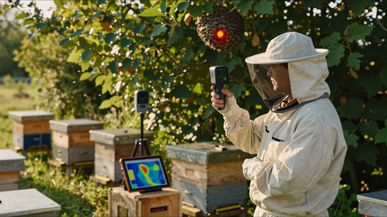 Apicultor com equipamento de proteção usa câmera térmica junto a colmeias ao ar livre.