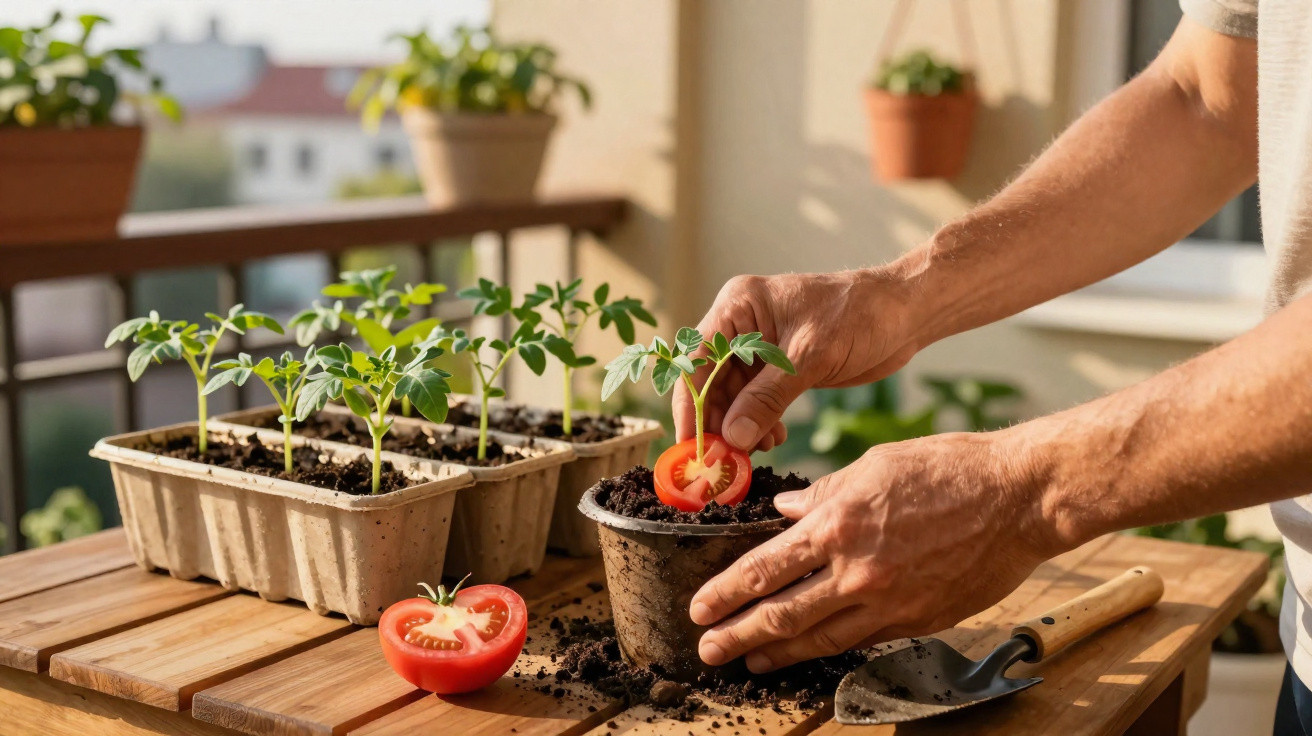 Mãos a transplantar muda de tomate para vaso com terra, tomate cortado e muda noutro contentor à volta.
