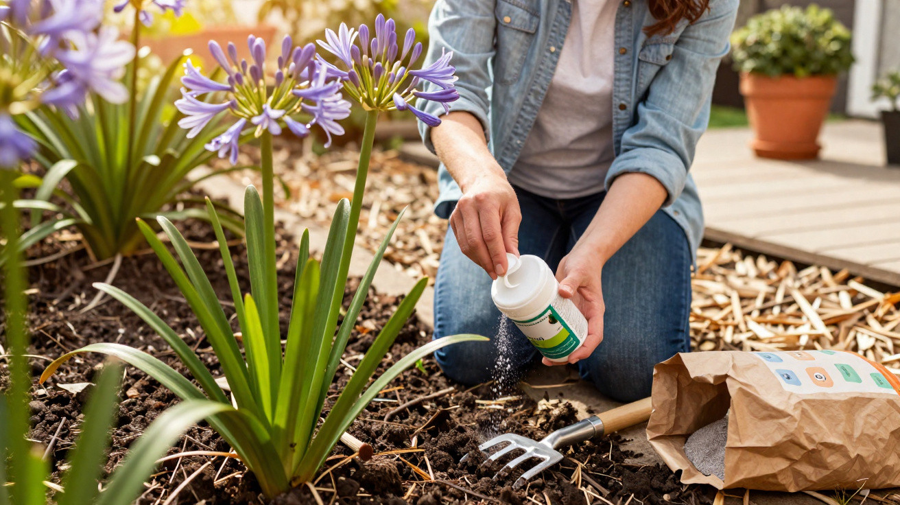 Pessoa a aplicar fertilizante em flores roxas num jardim, com regador e saco de terra ao lado.