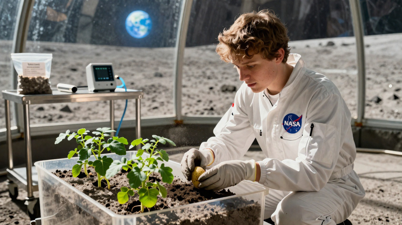 Jovem com fato NASA a plantar batatas em estufa lunar com vista da Terra ao fundo.