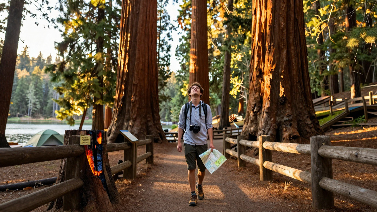 Jovem com mochila e mapa a explorar trilho florestal rodeado de grandes árvores ao pôr do sol.