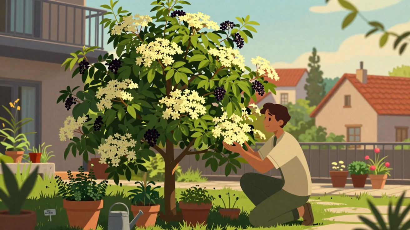Pessoa a cuidar de uma planta florida num jardim urbano com vasos e prédios ao fundo.