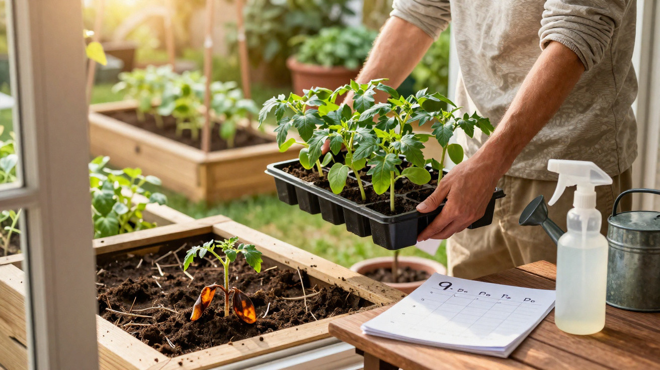 Pessoa a segurar tabuleiro com mudas de plantas junto a canteiros de cultivo e utensílios de jardinagem.