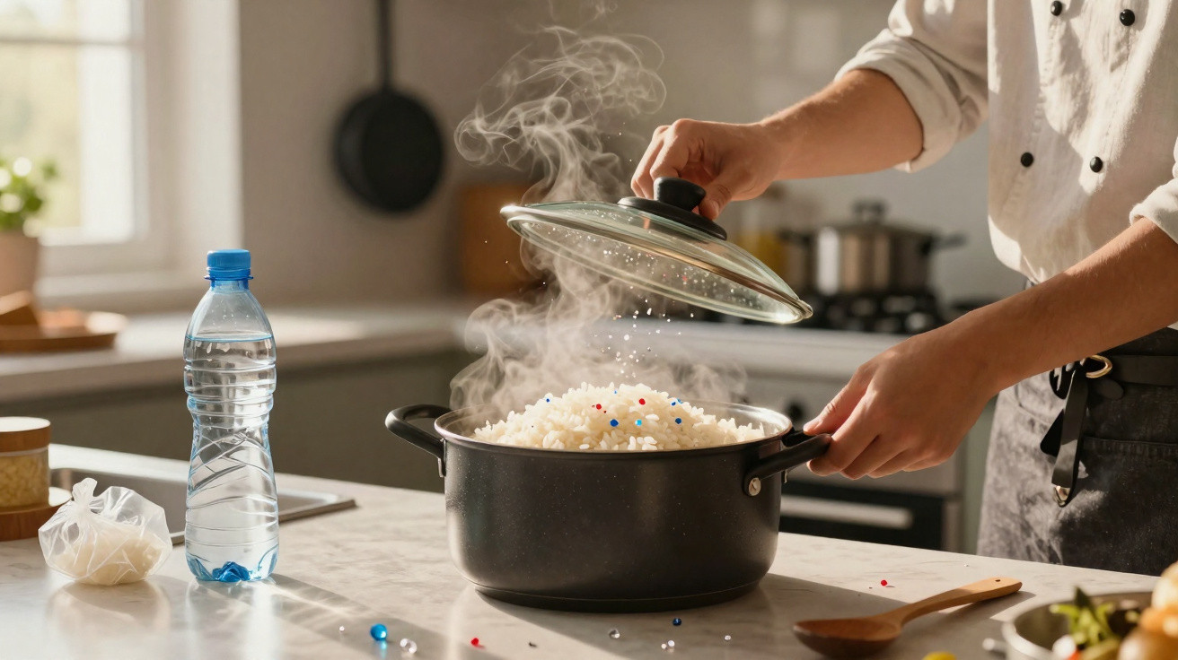 Pessoa a retirar tampa de panela a cozinhar arroz com vapor numa cozinha iluminada.