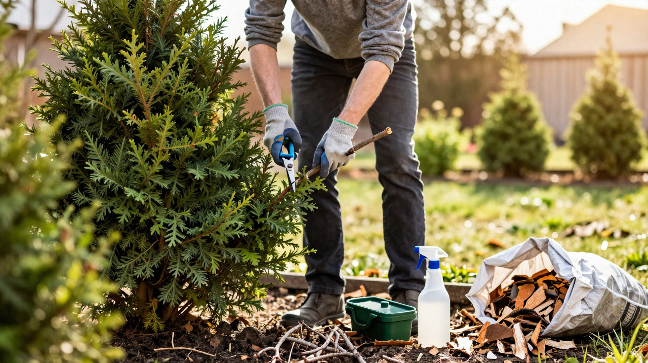 Pessoa a podar arbusto verde com tesoura de poda num jardim com sacos de aparas e pulverizador.