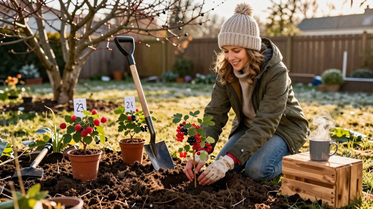 Mulher sorridente a plantar uma pequena planta de frutos vermelhos num jardim ensolarado de inverno.
