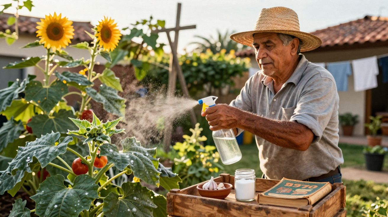 Homem idoso com chapéu a pulverizar plantas num jardim com girassóis e tomateiros ao fundo.
