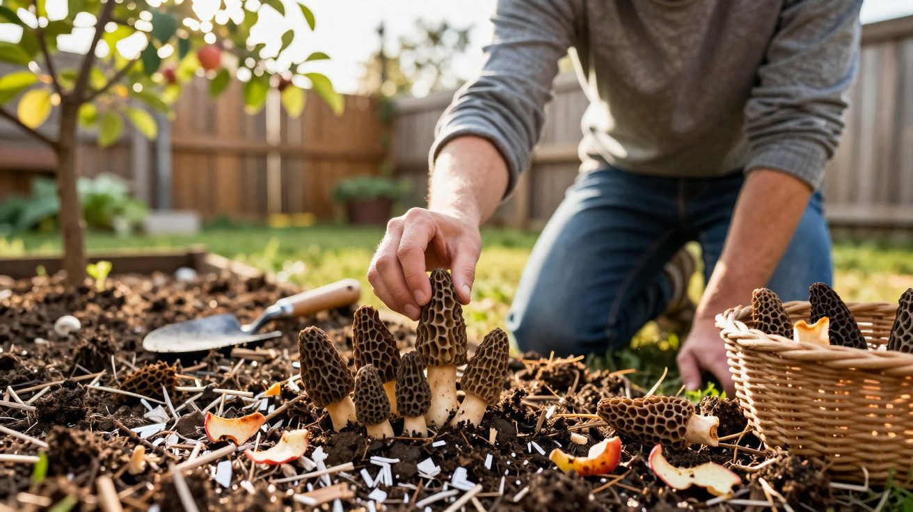 Pessoa a colher cogumelos morel no solo de um jardim com cesta e pá de jardinagem ao lado.
