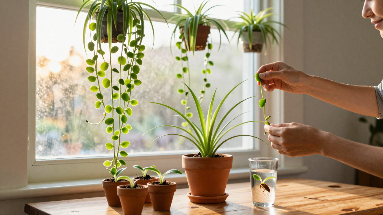 Mãos a colocar uma planta suculenta em copo de água num peitoril com várias plantas em vasos de barro.