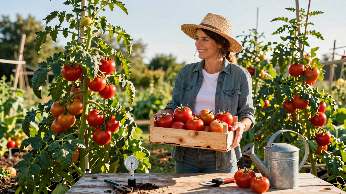 Mulher com chapéu de palha segura caixa com tomates numa horta ensolarada rodeada de plantas de tomateiros.
