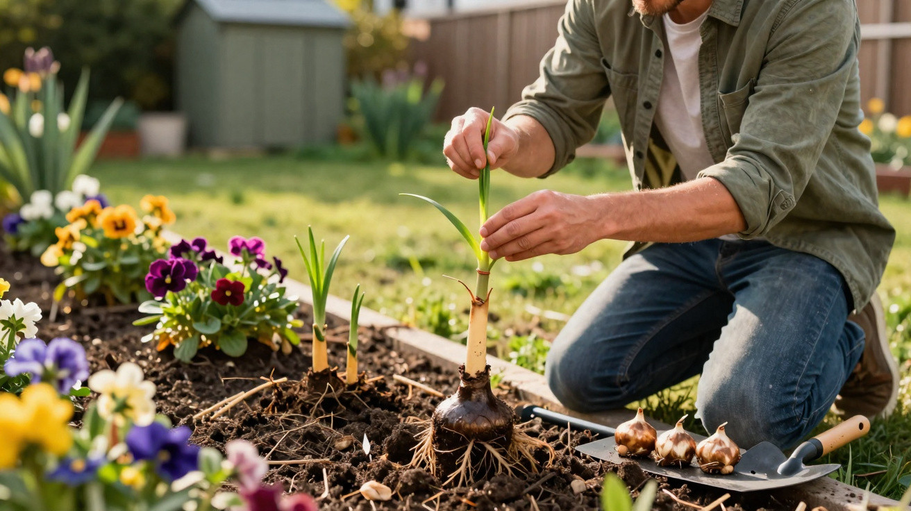 Homem a plantar bulbos numa horta com flores coloridas num dia soalheiro.