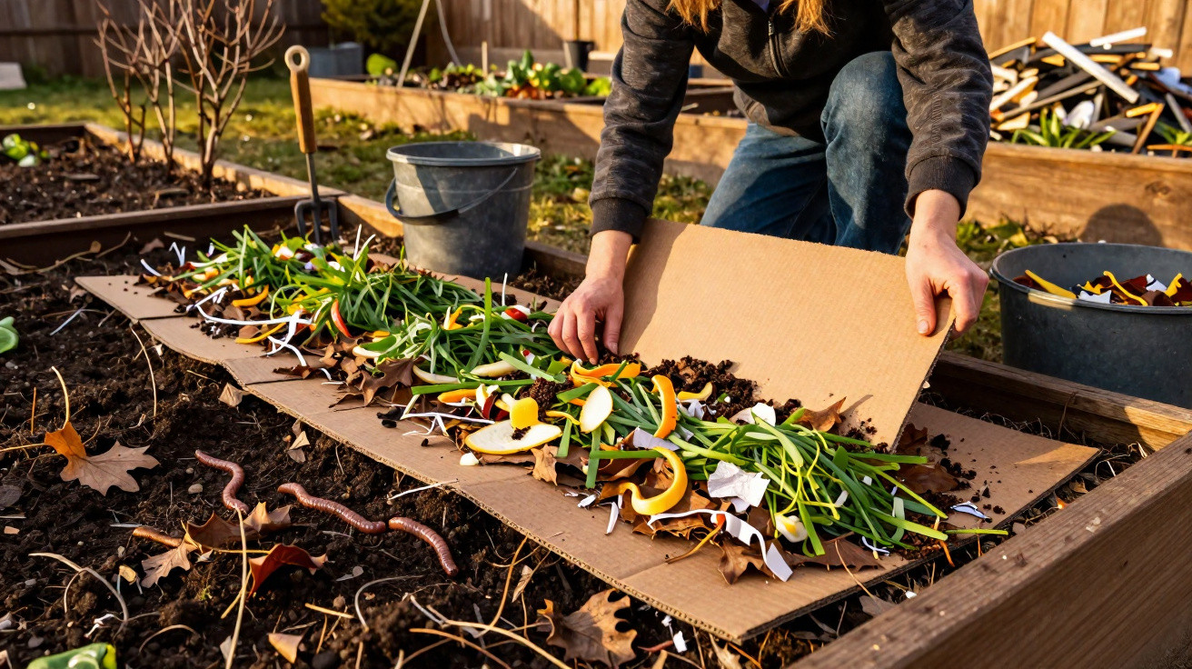Pessoa a preparar canteiro de compostagem com restos de vegetais e papel, num jardim.