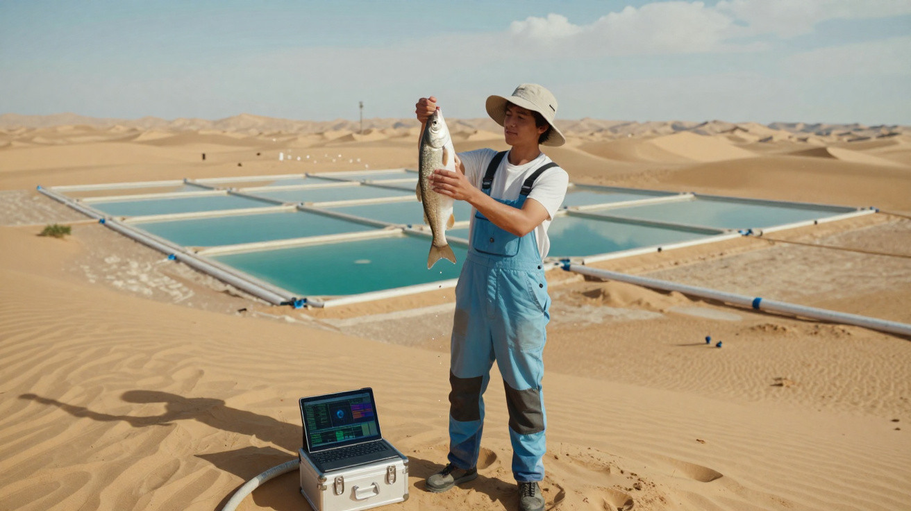 Homem com roupa de trabalho segura peixe perto de tanques de água no deserto, com computador aberto ao lado.
