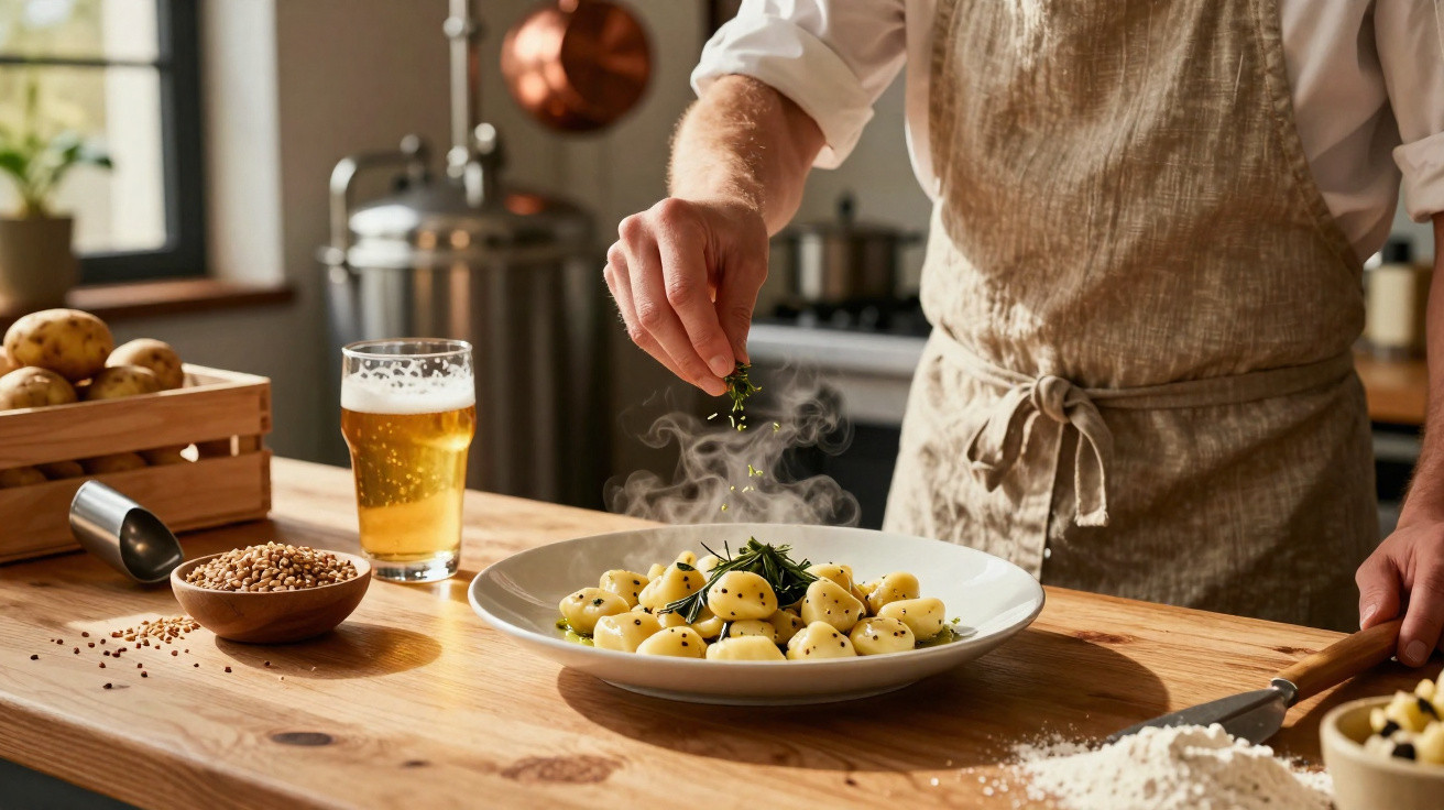 Pessoa a temperar prato de nhoque quente com ervas numa cozinha rústica, ao lado de copo de cerveja.