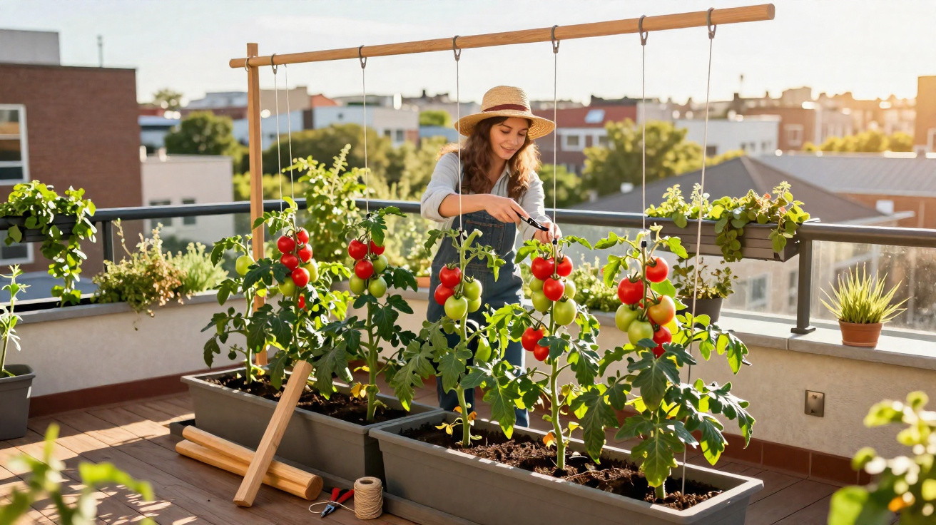 Mulher a colher tomates maduros no jardim urbano em varanda com plantas e luz do sol ao pôr do sol.